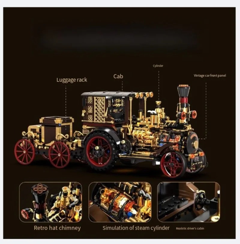 Building Blocks - Kreatives 1331-teiliges Vintage Mechanisches Dampfauto Baukasten-Set